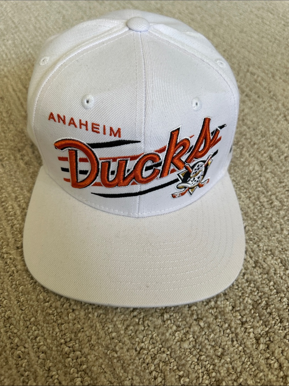 Anaheim Ducks White Script Logo Snapback Hat